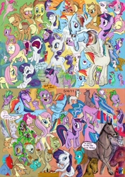 Size: 724x1024 | Tagged: safe, artist:jowyb, derpibooru import, applejack, fluttershy, gilda, pinkie pie, princess celestia, rainbow dash, rarity, spike, twilight sparkle, unicorn twilight, alicorn, dragon, earth pony, griffon, horse, pegasus, pony, unicorn, 2011, hoers, mane seven, mane six, old art