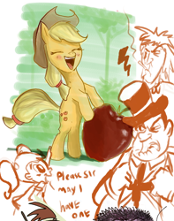 Size: 898x1140 | Tagged: safe, artist:jowyb, derpibooru import, applejack, earth pony, human, pony, 2011, apple, appul, bipedal, cropped, food, old art