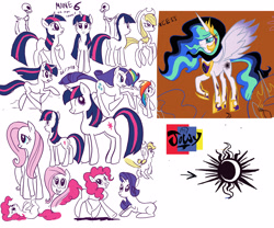 Size: 3235x2691 | Tagged: safe, artist:jowyb, derpibooru import, applejack, fluttershy, pinkie pie, princess celestia, rainbow dash, rarity, twilight sparkle, unicorn twilight, alicorn, earth pony, pony, unicorn, 2012, butt, corrupted celestia, cutie mark, female, mane six, mare, old art, plot