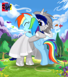 Size: 2242x2550 | Tagged: safe, artist:jowyb, derpibooru import, rainbow dash, oc, pegasus, pony, unicorn, 2012, butt, clothes, dress, hug, old art, plot