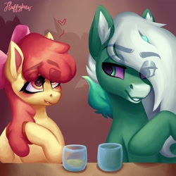 Size: 4000x4000 | Tagged: safe, artist:mishi_ovo, derpibooru import, apple bloom, oc, oc:vitæ, earth pony, pony, unicorn, apple, blushing, canon x oc, couple, cute, date, doodle, fanart, female, food, heart, heart eyes, lip bite, male, mare, older, older apple bloom, ponysona, raffle prize, stallion, straight, waifu, wingding eyes