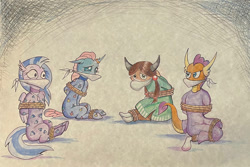 Size: 1094x731 | Tagged: safe, artist:boundpup, derpibooru import, ocellus, silverstream, smolder, yona, changedling, changeling, dragon, hippogriff, yak, bondage, cloth gag, clothes, footed sleeper, gag, horn, horn ring, magic suppression, nightgown, pajamas, ring, rope, rope bondage, teary eyes, tied up