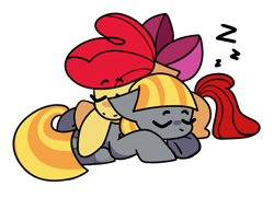 Size: 1280x928 | Tagged: safe, artist:hazehart, derpibooru import, apple bloom, oc, oc:ruby (story of the blanks), earth pony, pony, female, filly, foal, good end, onomatopoeia, simple background, sleeping, sound effects, story of the blanks, transparent background, zzz