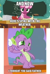 Size: 800x1183 | Tagged: safe, derpibooru import, edit, edited screencap, screencap, cheerilee, spike, dragon, earth pony, family appreciation day, owl's well that ends well, caption, feather, image macro, text, the fairly oddparents