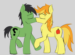 Size: 3472x2552 | Tagged: safe, artist:sefastpone, derpibooru import, braeburn, oc, oc:anon stallion, earth pony, pony, canon x oc, colored sketch, digital art, duo, duo male, earth pony oc, eyes closed, gay, gray background, high res, hoof hold, hooves, kissing, male, raised leg, shipping, simple background, sketch, stallion, tail, two toned mane, two toned tail