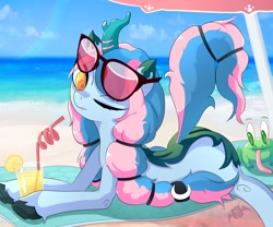 Size: 3000x2500 | Tagged: safe, artist:fd, derpibooru import, oc, oc only, oc:сhrysocolla dawn, frog, pony, beach, beach towel, butt, cute, drink, drinking straw, eyes on the prize, female, glass, glasses, horn, juice, lemonade, looking at butt, looking at someone, lying down, mare, ocean, one eye closed, plot, prone, sexy, solo, summer, sunglasses, tongue, tongue out, water