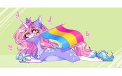 Size: 3455x2166 | Tagged: safe, artist:honeybbear, derpibooru import, oc, pony, unicorn, female, lying down, mare, mouth hold, pride, pride flag, prone, solo