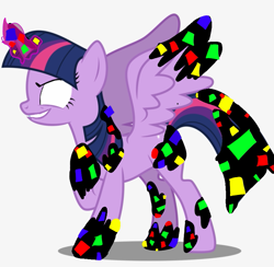 Size: 855x833 | Tagged: safe, artist:monikaddlcgirl20, derpibooru import, twilight sparkle, twilight sparkle (alicorn), alicorn, pony, corrupted, dusk till dawn, error, evil twilight, female, glitch, horn, magic, mare, pibby, simple background, smiling, spread wings, white background, wings