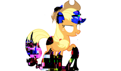 Size: 1415x833 | Tagged: safe, artist:monikaddlcgirl20, derpibooru import, applejack, earth pony, pony, applejack's hat, clothes, corrupted, cowboy hat, error, female, glitch, hat, mare, pibby, raised hoof, raised leg, simple background, smiling, white background