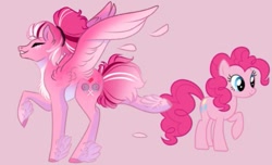 Size: 735x448 | Tagged: safe, artist:moonlight23345, derpibooru import, pinkie pie, earth pony, pegasus, pony, eyes closed, feathered fetlocks, female, hair bun, mare, pegasus pinkie pie, pink background, race swap, redesign, self paradox, self ponidox, simple background, smiling