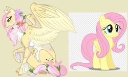 Size: 735x448 | Tagged: safe, artist:moonlight23345, derpibooru import, fluttershy, pegasus, pony, blushing, feathered fetlocks, female, flower, flower in hair, fluffy, mare, redesign, self paradox, self ponidox, simple background, sitting