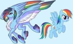 Size: 735x448 | Tagged: safe, artist:moonlight23345, derpibooru import, rainbow dash, pegasus, pony, blue background, chest fluff, colored wings, colored wingtips, eye scar, feathered fetlocks, female, mare, redesign, scar, self paradox, self ponidox, simple background, wings