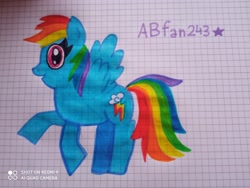 Size: 3264x2448 | Tagged: safe, artist:andreajaywonder2005, derpibooru import, rainbow dash, pegasus, pony, female, graph paper, mare, multicolored hair, pencil drawing, rainbow hair, raised hoof, raised leg, smiling, solo, spread wings, stars, text, traditional art, wings