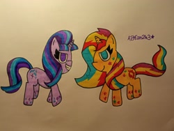 Size: 3264x2448 | Tagged: safe, artist:andreajaywonder2005, derpibooru import, starlight glimmer, sunset shimmer, pony, unicorn, female, horn, mare, pencil drawing, rainbow power, rainbow power-ified, smiling, sparkles, stars, text, traditional art