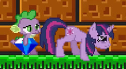 Size: 471x259 | Tagged: safe, derpibooru import, spike, twilight sparkle, unicorn twilight, dragon, pony, unicorn, chaos emerald, pixel art, sonic the hedgehog (series), sprite