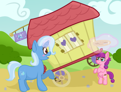 Size: 6174x4727 | Tagged: safe, artist:xppp1n, lily longsocks, trixie, female, filly, foal, levitation, magic, mare, telekinesis, trixie's wagon