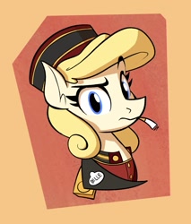 Size: 851x1000 | Tagged: safe, artist:anontheanon, oc, oc only, oc:belle hop, earth pony, pony, abstract background, bust, cigarette, female, hat, looking at you, mare, portrait, raised eyebrow, smoking, solo