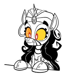 Size: 779x843 | Tagged: safe, artist:anontheanon, oc, oc only, oc:madame fortuna, pony, robot, robot pony, unicorn, ear piercing, earring, female, fortune teller, glowing eyes, jewelry, mare, mechanical, monochrome, neo noir, partial color, piercing, simple background, smiling, solo, turban, white background