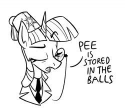 Size: 1132x1006 | Tagged: safe, artist:anontheanon, twilight sparkle, twilight sparkle (alicorn), alicorn, pony, big brain, big brain time, bust, dialogue, eyes closed, female, fez, hat, lineart, mare, monochrome, monocle, open mouth, portrait, simple background, sketch, solo, text, white background