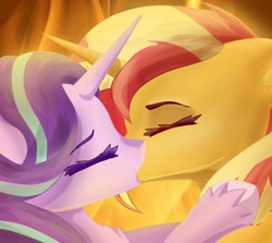 Size: 1569x1398 | Tagged: safe, artist:emmiiv, derpibooru import, starlight glimmer, sunset shimmer, pony, unicorn, duo, eyes closed, female, kissing, lesbian, mare, shimmerglimmer, shipping