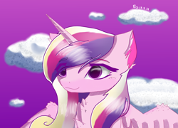 Size: 2560x1840 | Tagged: safe, artist:emmiiv, derpibooru import, princess cadance, alicorn, pony, chest fluff, cloud, ear fluff, ears, eyebrows, eyebrows visible through hair, female, high res, mare, signature, sky, smiling, solo