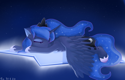 Size: 2560x1640 | Tagged: safe, artist:emmiiv, derpibooru import, princess luna, alicorn, pony, eyes closed, female, lying down, mare, night, prone, sleeping, solo, spread wings, stars, wings