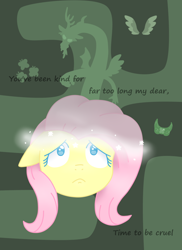 Size: 800x1100 | Tagged: safe, artist:fluttergore, derpibooru import, discord, fluttershy, butterfly, draconequus, pegasus, pony, dialogue, discorded, ears, element of kindness, female, floppy ears, frown, male, mare, maze, sad, spread wings, text, wings