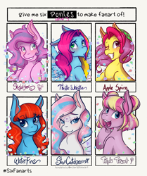 Size: 1715x2048 | Tagged: safe, artist:mscolorsplash, derpibooru import, apple spice, skywishes, star catcher, thistle whistle, triple treat, waterfire, earth pony, pegasus, pony, g3, female, grin, mare, six fanarts, smiling, wip