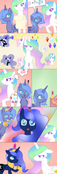 Size: 1000x3000 | Tagged: safe, artist:fluttergore, derpibooru import, nightmare moon, princess celestia, princess luna, alicorn, pony, cake, celestia is not amused, comic, ears, element of generosity, element of honesty, element of kindness, element of laughter, element of loyalty, element of magic, elements of harmony, exclamation point, female, floppy ears, food, frown, horn, magic, mare, moon, mouth hold, pink-mane celestia, question mark, s1 luna, scroll, shocked, smiling, sparkles, text, transformation, unamused, wings