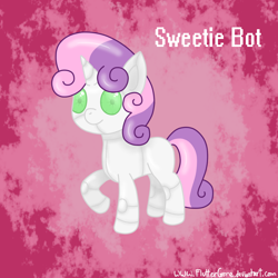 Size: 1000x1000 | Tagged: safe, artist:fluttergore, derpibooru import, sweetie belle, sweetie bot, pony, robot, robot pony, unicorn, female, horn, mare, pink background, raised hoof, raised leg, simple background, smiling, text