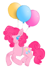 Size: 618x900 | Tagged: safe, artist:fluttergore, derpibooru import, pinkie pie, earth pony, pony, balloon, female, floating, flying, mare, simple background, smiling, then watch her balloons lift her up to the sky, transparent background