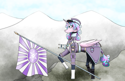 Size: 3162x2048 | Tagged: safe, derpibooru import, princess flurry heart, alicorn, crystal pony, equestria at war mod, clothes, crystal empire, flag, imperial japanese, japanese, military, mountain, snow, sword, uniform, weapon, world war ii