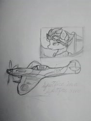 Size: 2755x3673 | Tagged: safe, artist:sodapop sprays, derpibooru import, spitfire, pegasus, pony, aviator goggles, bomber jacket, clothes, eyebrows, female, goggles, high res, jacket, mare, plane, propeller, solo, supermarine spitfire, traditional art, wings, world war ii