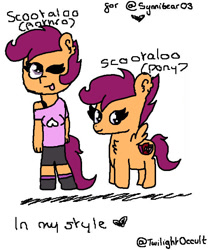 Size: 596x712 | Tagged: safe, artist:twilightoccult, derpibooru import, scootaloo, oc, oc:ponytale scootaloo, anthro, pegasus, pony, ;p, @, clothes, cutie mark, female, filly, foal, heart, one eye closed, pants, shoes, simple background, smiling, spread wings, text, the cmc's cutie marks, tongue, tongue out, white background, wings, wink