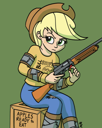 Size: 1000x1250 | Tagged: safe, artist:mkogwheel, derpibooru import, applejack, human, crate, female, green background, gun, humanized, left 4 dead 2, looking at something, shotgun, simple background, sitting, solo, weapon