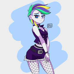 Size: 3000x3000 | Tagged: safe, artist:spellart, derpibooru import, rarity, equestria girls, alternate hairstyle, bare shoulders, belt, bracelet, clothes, female, fishnet stockings, jeans, jewelry, lidded eyes, pants, punk, raripunk, short jeans, sleeveless, smiling, solo