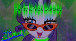 Size: 1210x660 | Tagged: safe, artist:seventh element, derpibooru import, rarity, pony, unicorn, cover art, drug use, drugs, eyeshadow, female, glasses, makeup, mare, rarity's glasses, smiling, text, youtube link