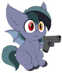 Size: 2292x2666 | Tagged: safe, artist:pegamutt, derpibooru import, oc, oc only, oc:scrimmy, bat pony, pony, :|, bat pony oc, bat wings, commission, fangs, gun, heterochromia, male, simple background, sitting, solo, stallion, transparent background, weapon, wings, ych result