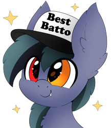 Size: 2352x2715 | Tagged: safe, artist:pegamutt, derpibooru import, oc, oc only, oc:scrimmy, bat pony, pony, bat pony oc, commission, cute, fangs, hat, heterochromia, male, ocbetes, simple background, smiling, solo, stallion, transparent background, ych result