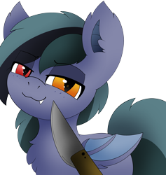 Size: 2842x3000 | Tagged: safe, artist:pegamutt, derpibooru import, oc, oc only, oc:scrimmy, bat pony, pony, bat pony oc, bat wings, commission, fangs, grin, heterochromia, knife, knife cat, looking at you, male, simple background, smiling, solo, stallion, transparent background, wings, ych result