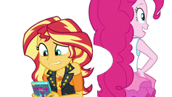 Size: 1920x1080 | Tagged: safe, artist:rarityvrymercollectiveoriginals, derpibooru import, edit, edited screencap, screencap, pinkie pie, sunset shimmer, equestria girls, equestria girls series, holidays unwrapped, spoiler:eqg series (season 2), 1920x1080, background removed, book, dashing through the mall, geode of empathy, geode of sugar bombs, magical geodes, not a vector, simple background, transparent background