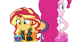 Size: 1920x1080 | Tagged: safe, artist:rarityvrymercollectiveoriginals, derpibooru import, edit, edited screencap, screencap, pinkie pie, sunset shimmer, better together, equestria girls, holidays unwrapped, 1920x1080, background removed, book, chair, dashing through the mall, geode of empathy, geode of sugar bombs, magical geodes, not a vector, simple background, transparent background