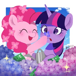 Size: 766x766 | Tagged: safe, artist:efuji_d, derpibooru import, pinkie pie, twilight sparkle, twilight sparkle (alicorn), alicorn, earth pony, pony, blushing, cute, diapinkes, duo, eyes closed, female, flower, flower in hair, mare, twiabetes, watering can