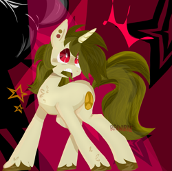 Size: 1217x1213 | Tagged: safe, derpibooru import, oc, oc only, oc:glitter glue, pony, unicorn, :o, bags under eyes, chest fluff, ear piercing, earring, female, horn, ionizing radiation warning symbol, jewelry, lineless, mare, open mouth, piercing, shocked, shocked expression, solo, unicorn oc, unshorn fetlocks, watermark