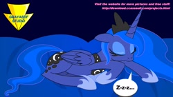 Size: 1920x1080 | Tagged: safe, artist:imaflashdemon, derpibooru import, princess luna, alicorn, pony, arrow, clothes, crown, dialogue, eyes closed, female, horn, jewelry, lying down, mare, moon, onomatopoeia, prone, regalia, shoes, sleeping, sound effects, speech bubble, text, wings, zzz