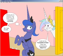 Size: 1008x899 | Tagged: safe, artist:imaflashdemon, derpibooru import, princess celestia, princess luna, alicorn, pony, arcade cabinet, blushing, crown, dialogue, door, dreamworks face, female, gamer luna, horn, jewelry, mare, messy mane, moon, ping pong, princess molestia, regalia, sitting, smiling, speech bubble, text, vulgar, wings