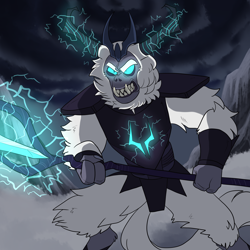 Size: 3000x3000 | Tagged: safe, artist:gingygin, derpibooru import, storm king, yeti, angry, antagonist, armor, claws, cloud, crown, fangs, glowing, glowing eyes, gritted teeth, horns, jewelry, lightning, magic, male, regalia, solo, staff, staff of sacanas, teeth