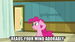 Size: 640x360 | Tagged: safe, derpibooru import, edit, edited screencap, screencap, pinkie pie, earth pony, pony, read it and weep, artifact, caption, female, image macro, impact font, meme, mind reading, smiling, solo, text, watermark