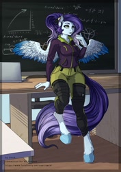 Size: 764x1080 | Tagged: safe, artist:sevk, artist:shundis, derpibooru import, oc, oc only, anthro, pegasus, unguligrade anthro, anthro oc, chalkboard, classroom, clothes, commission, cute, digital art, female, hoodie, mare, pants, solo, ych result