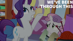 Size: 1280x720 | Tagged: safe, derpibooru import, edit, edited screencap, editor:quoterific, screencap, rarity, sweetie belle, pony, unicorn, marks for effort, season 8, spoiler:s08, carousel boutique, duo, female, filly, foal, mare, text